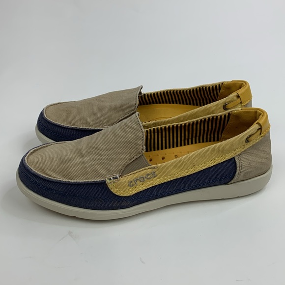 Crocs Slip on canvas shoe Size 7 Tan yellow blue Loafer Style - Picture 4 of 14